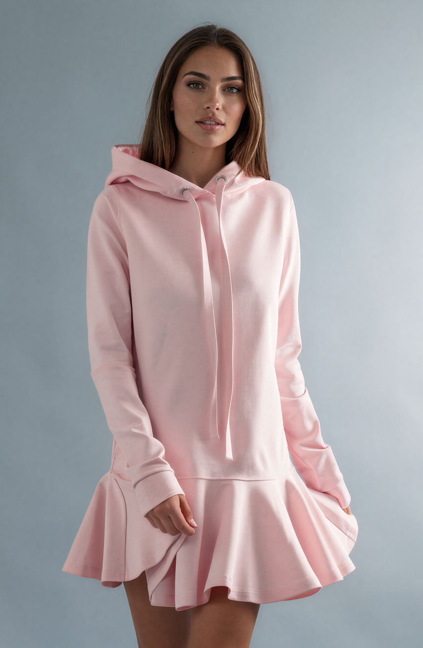 Hoodie Dress mit Volantsaum & Labelband- Kelly- Rosa