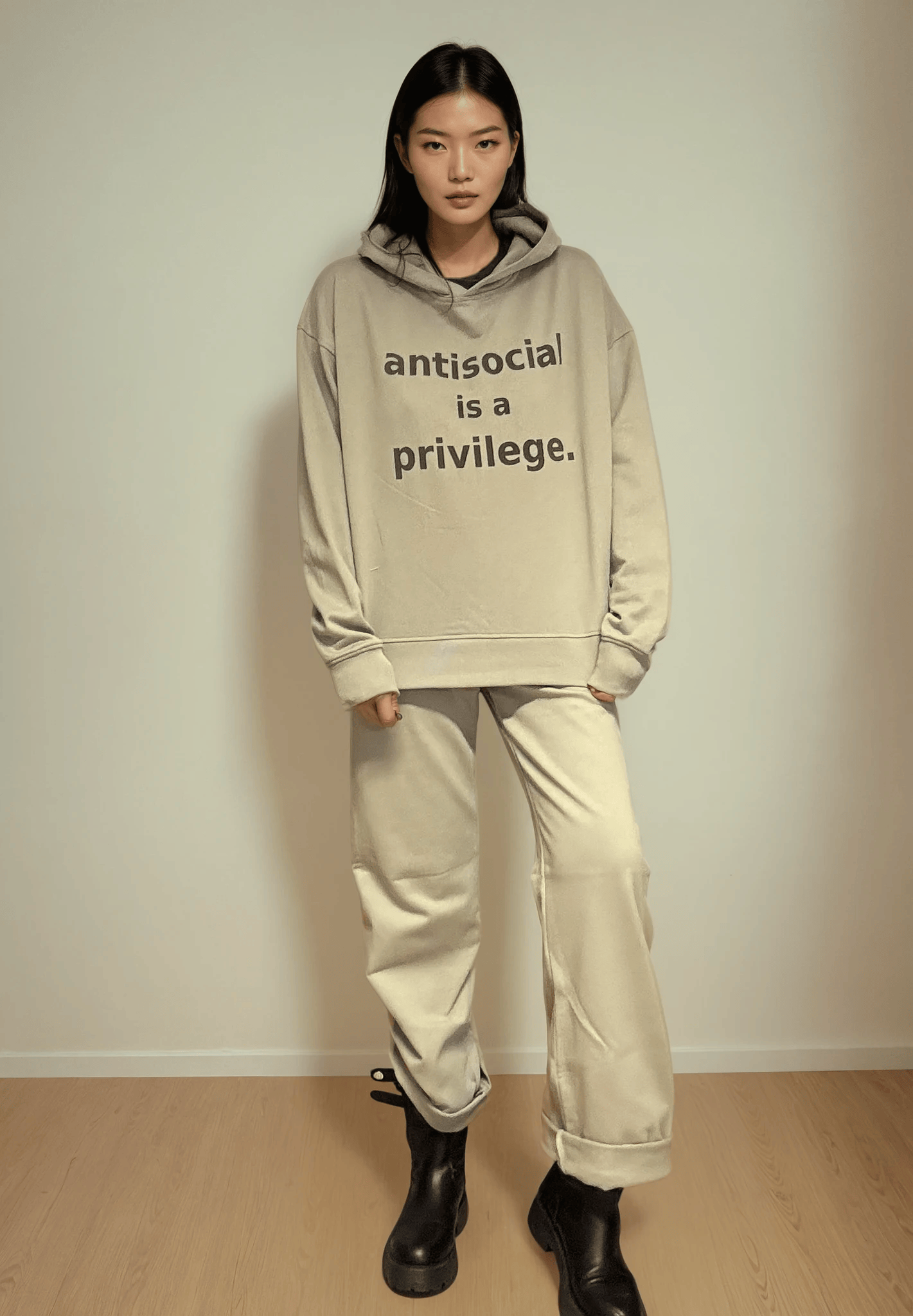 ANTISOCIAL IS A PRIVILEGE- Hoodie, Taupe Ilaylit