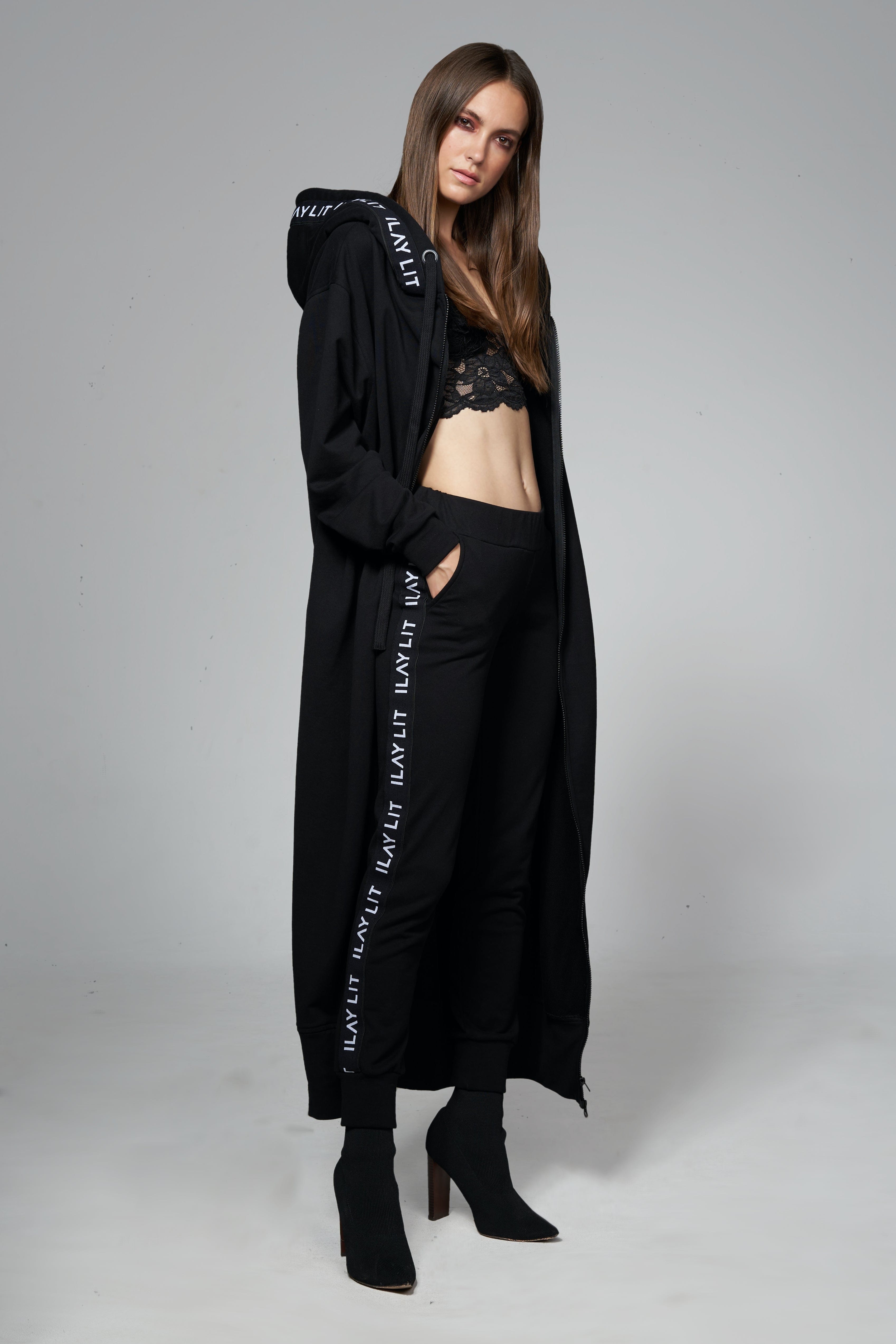 Hoodie Coat Long Black Ilaylit
