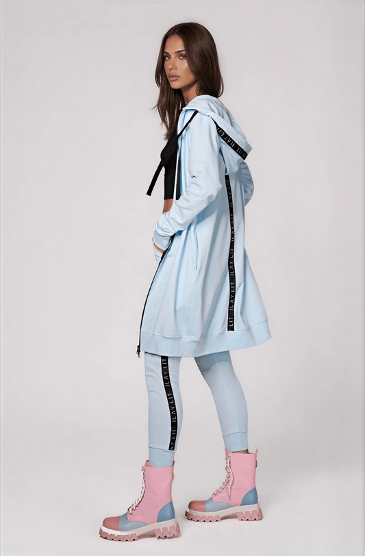 Midi Coat-Ice Blue-Lässiger Hoodiemantel im Urban Style Ilaylit